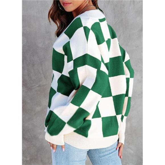 NEW Womens Plaid V Neck Button Down Long Sleeve Cable Knit Oversized Cardigan - Picture 3 of 6